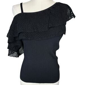 Cacharel Silk Cashmere Top XS Crochet Knit Ruffle Black